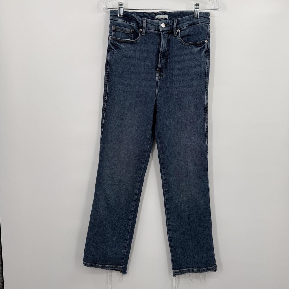 Good American Jeans Womens 8 Blue Slim High Rise Distressed Fringe